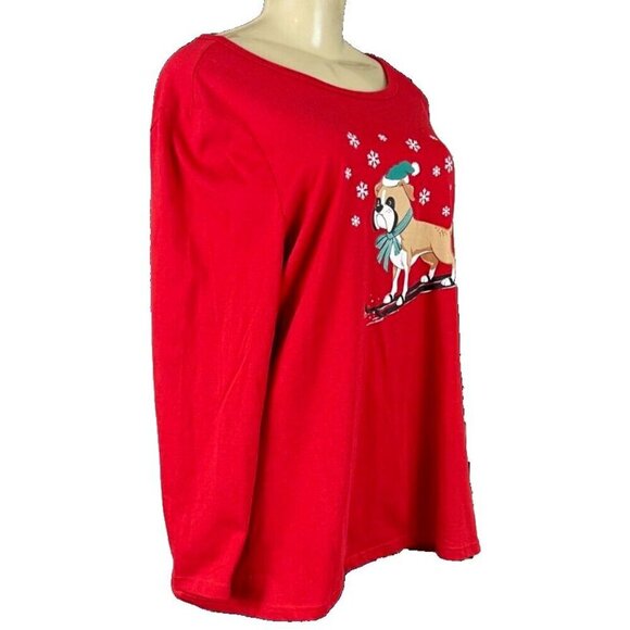 Woman Within +18/20 Red Dog Skiing Holiday Graphic Crew Neck Long Sleeve Tee - Picture 3 of 5